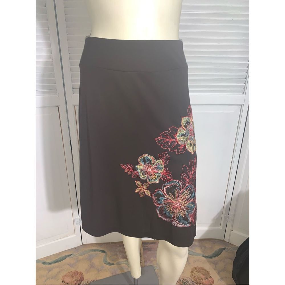 Vintage 90’s Y2K Spandex Floral Embroidered Skirt Brown Small